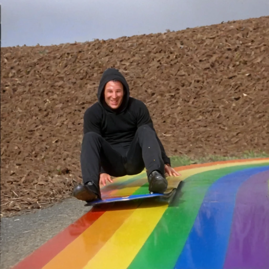 man sliding on a rainbow, vhslora