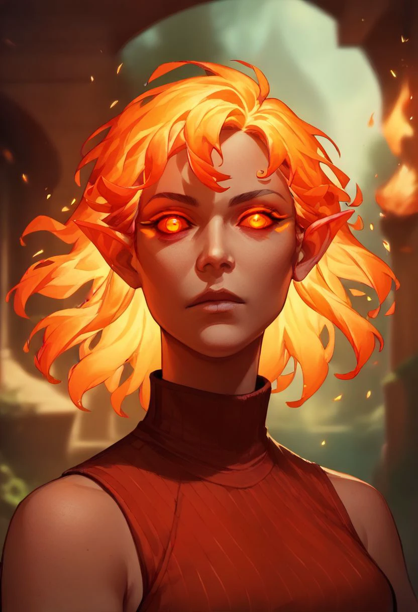 (((beautiful, high quality))), upper body, score_9, score_8_up, score_7_up, solo,
looks at the viewer, 
FireGenasi, fire hair, colored sclera, dark skin, pointed ears, 1girl, orange fire hair, red eyes, red sleeveless turtleneck, 
outdoor, fantasy background, nature, blurred background,