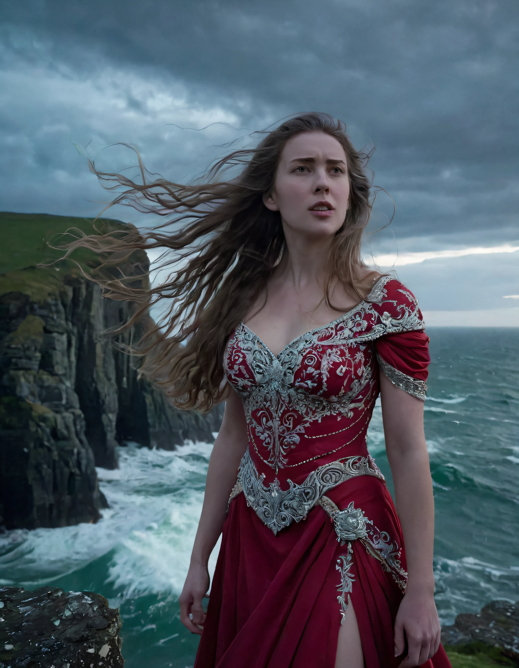In the desolate twilight, a solo figure stands defiantly on a windswept cliffside: Morgan, with long, wild hair that whips about her as the stormy Irish Sea crashes below. Her emerald eyes filled with determination, she presents an image of resilience and strength as the camera captures her from a low angle, emphasizing her towering stature and the imposing cliff face behind her. Clad in a flowing crimson gown adorned with silver embroidery and pearls that shimmer like moonlight on the waves, she grips the hilt of an ancient, ornate sword at her side, symbolizing her unyielding spirit and the battles she has fought and will continue to fight. Her long hair, her eyes, and her determined stance all contribute to a realistic portrayal of a strong, independent woman who refuses to be broken by life's harsh realities. <lora:knuuqs18fe0cf88bcp577:1>