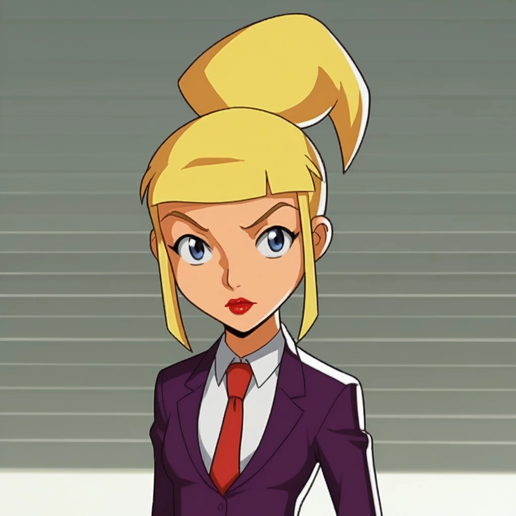 score_7_up, BREAK, 1girl, solo, Tami, blonde hair, high ponytail, blue eyes, lipstick, <lora:Tami_SpieZ_PXL_Leaf1:1>,  cowboy shot, suit, formal, red necktie,