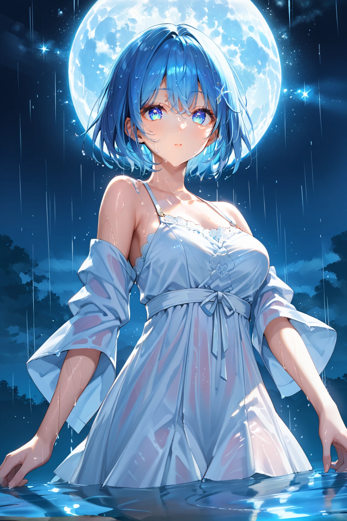 misyune, 1girl, blue hair, blue eyes, holding water, wet, raining, night sky, moon, stars, looking at viewer, cowboy shot, dutch angle, gradient background, <lora:Misyunebrite:0.7>