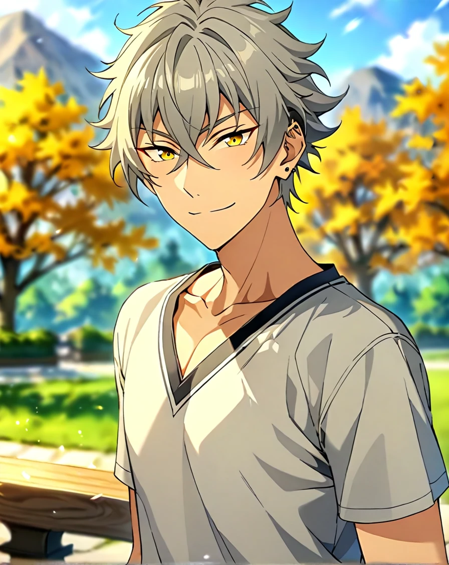 masterpiece, best quality, very aesthetic, absurdres, very detailed, depth of field, blurry background, ((1boy, solo, male only, male focus, upper body, adult)), (oogami_koga, gray hair, yellow eyes, short hair, hair between eyes, bangs, earring on left ear), happy, looking at viewer, facing viewer, collarbone, outdoors, <lora:Lightning-8:1>, <lora:oogami_koga_sdxl_lora:0.74>