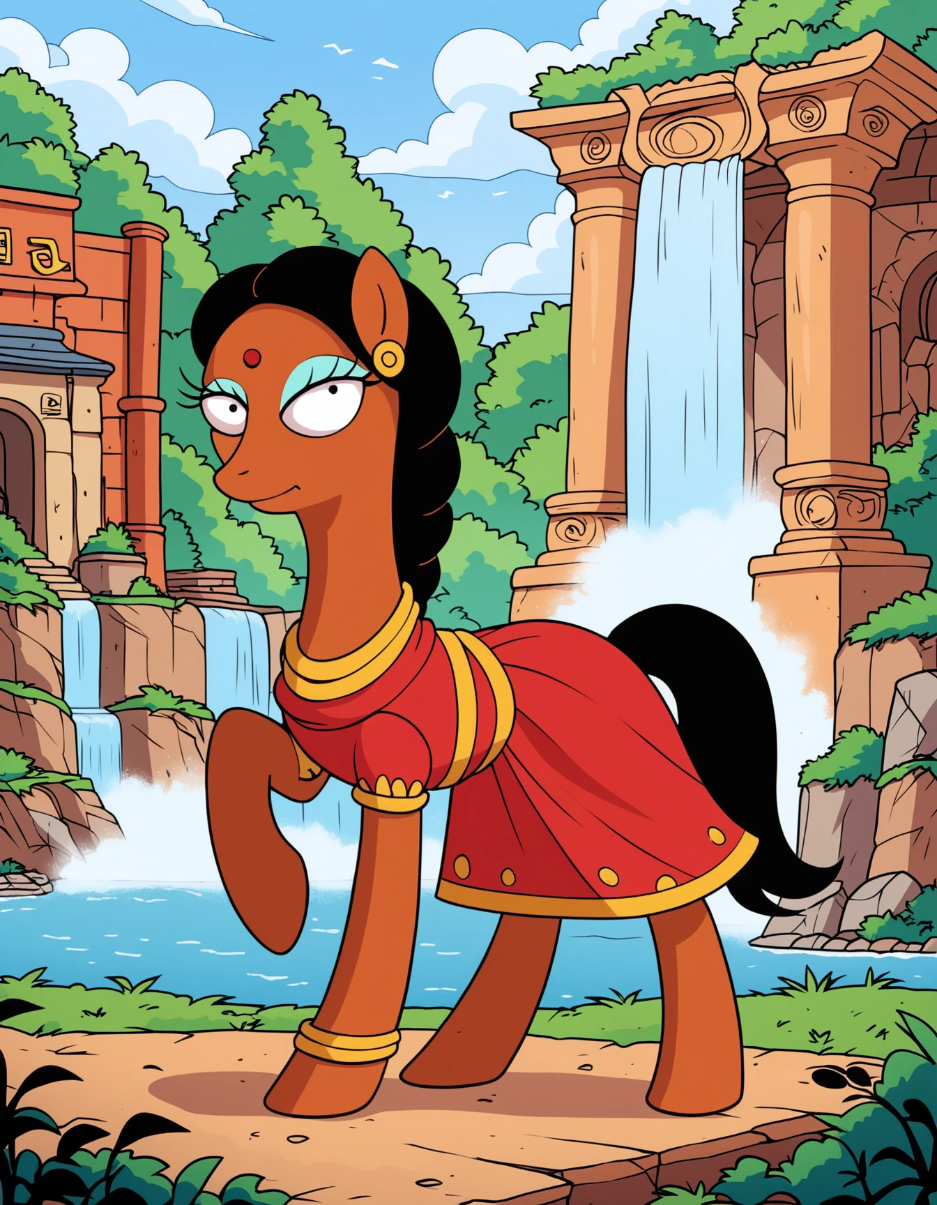 score_9, score_8_up, score_7_up, score_6_up, score_5_up, score_4_up,  
source: illustration,Manjula,Simpsons, expressive, full body, pony, feral, cute, beautiful,wearing a red indian dress, pretty,at a ancient indian temple,waterfall, djungle, road,black hair,brown fur, highly detailed, intricate details, digital art, perfect anatomy, perfect proportions, 4k, (dynamic pose:1.25),