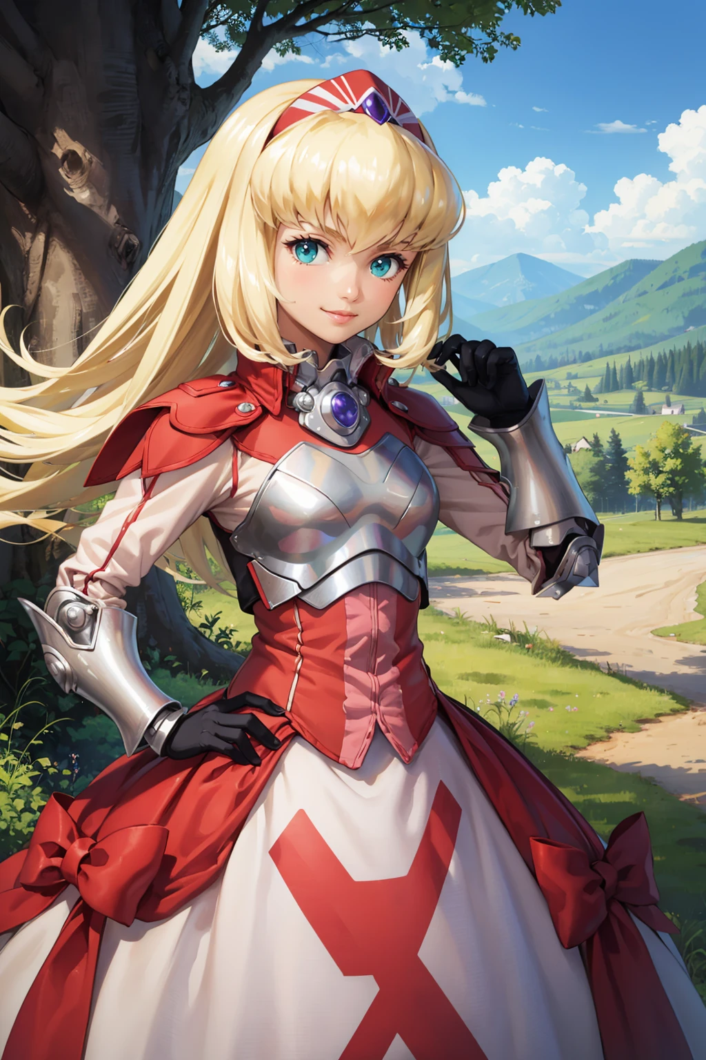 masterpiece, best quality, 1girl, <lora:alexia-nvwls-v1-000009:0.8> fenAlexia, hair ornament, gauntlets, armored dress, red bow, black gloves, looking at you, hand on hip, smirk, forest, blue sky