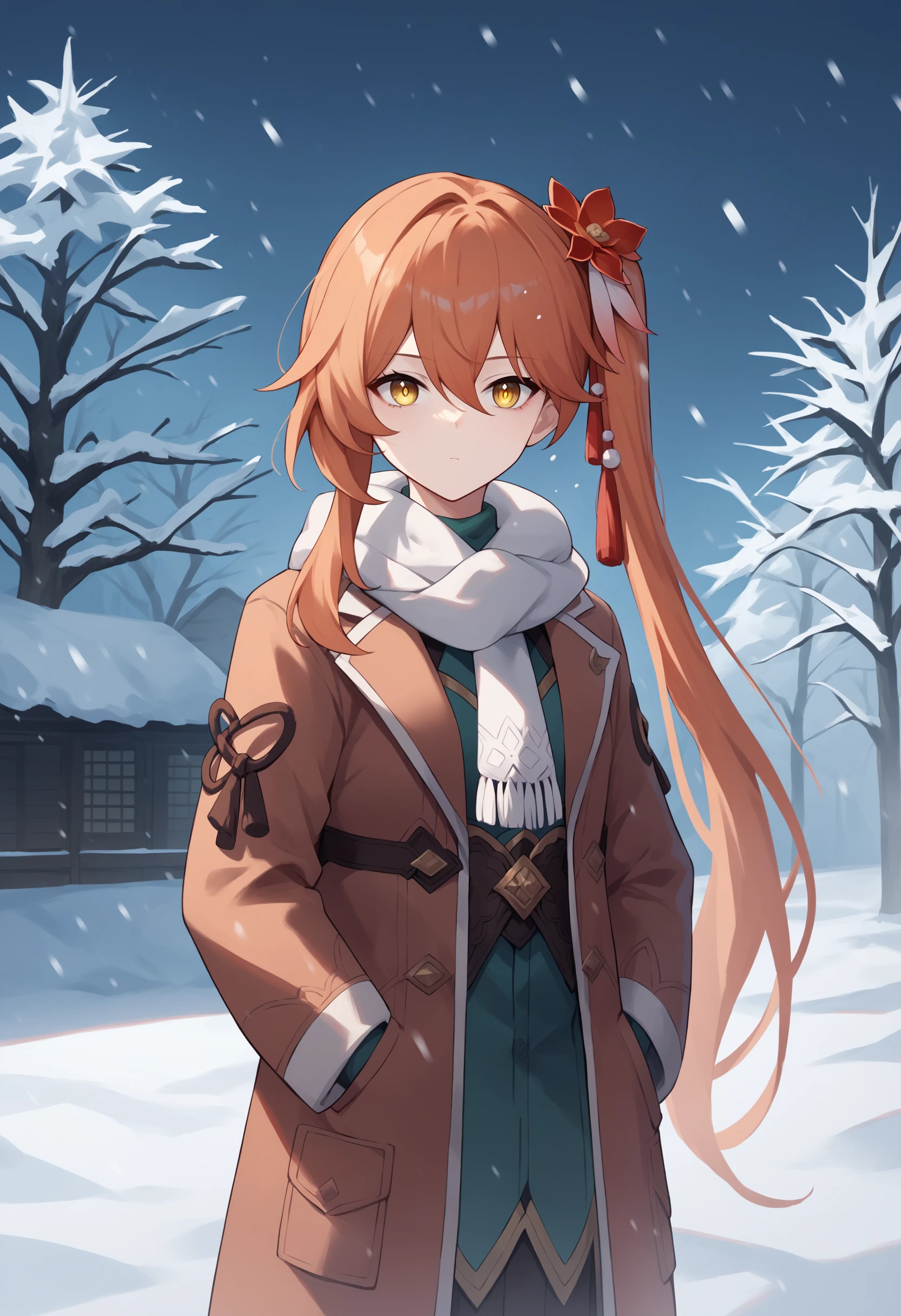 score_9, score_8_up, score_7_up, score_6_up, score_5_up, score_4_up, BREAK, source_anime,
1girl, guinaifen, orange hair, bangs, hair between eyes, long hair, side ponytail, hair flower, hair ornament, yellow eyes,
winter clothes, white scarf, coat,
expressionless, looking at viewer, outdoors, snow, snowing, solo, tree, winter <lora:GuinaifenXL:1>