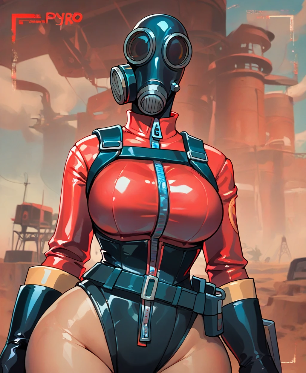 <lora:femmepyroxl:0.85>, femmepyroxl, pyro, 2d, gas mask, black leotard, black gloves, dynamic angle and pose, shoulder harness, (cylinder tank on back), (mask closeup:1.2), red breasts, zipper, red bodysuit, red shoulders, red sleeves, solo, black leotard, exposed hips, fire emblem on bicep, portrait, portrait, upper body, cowboy shot, dark atmosphere, perky breasts, (looking down), detailed zipper, detailed helmet, detailed latex, faceless, desert background, landscape background, helmet, gothic, skin tight, beautiful feminine slightly visible behind mask
score_9, score_8_up, score_7_up,   <lora:g0th1cPXL:0.5>, gothic,  <lora:incase---1:0.2>