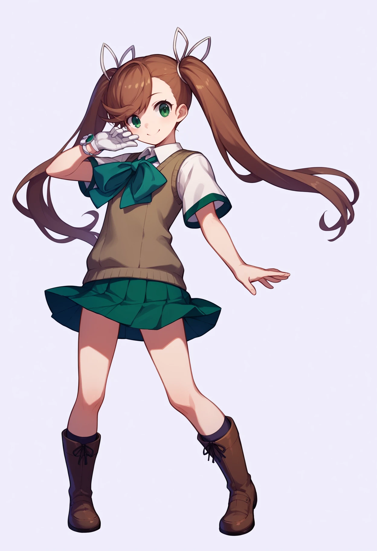 score_9, score_8_up, score_7_up, score_6_up, score_5_up, score_4_up, BREAK, source_anime,
1girl, nanase, brown hair, twintails, hair ribbon, long hair, green eyes,
bow, green pleated skirt, school uniform, sweater vest, single white glove, white shirt, brown boots,
standing, contrapposto, full body, smile, looking at viewer, solo, simple background, white background <lora:NanaseXL:1>