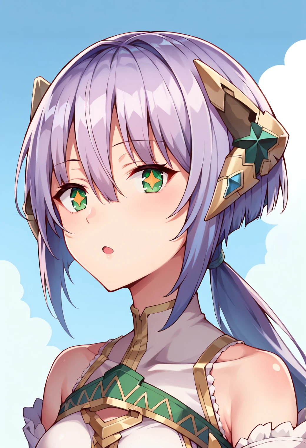 score_9, score_8_up, score_7_up, hd, (ultra hd quality details), outdoors, blue sky,
(masterpiece, best quality), fcDetailPortrait, solo, 1girl, plachtasoph1base, head ornament, hair between eyes, green eyes, + +, star eyes,
low ponytail, frilled highleg leotard, bare shoulders, clothing cutout,
looking at viewer, open mouth, expressionless,
upper body,
<lora:_plachta_sophie1-elesico:0.9>