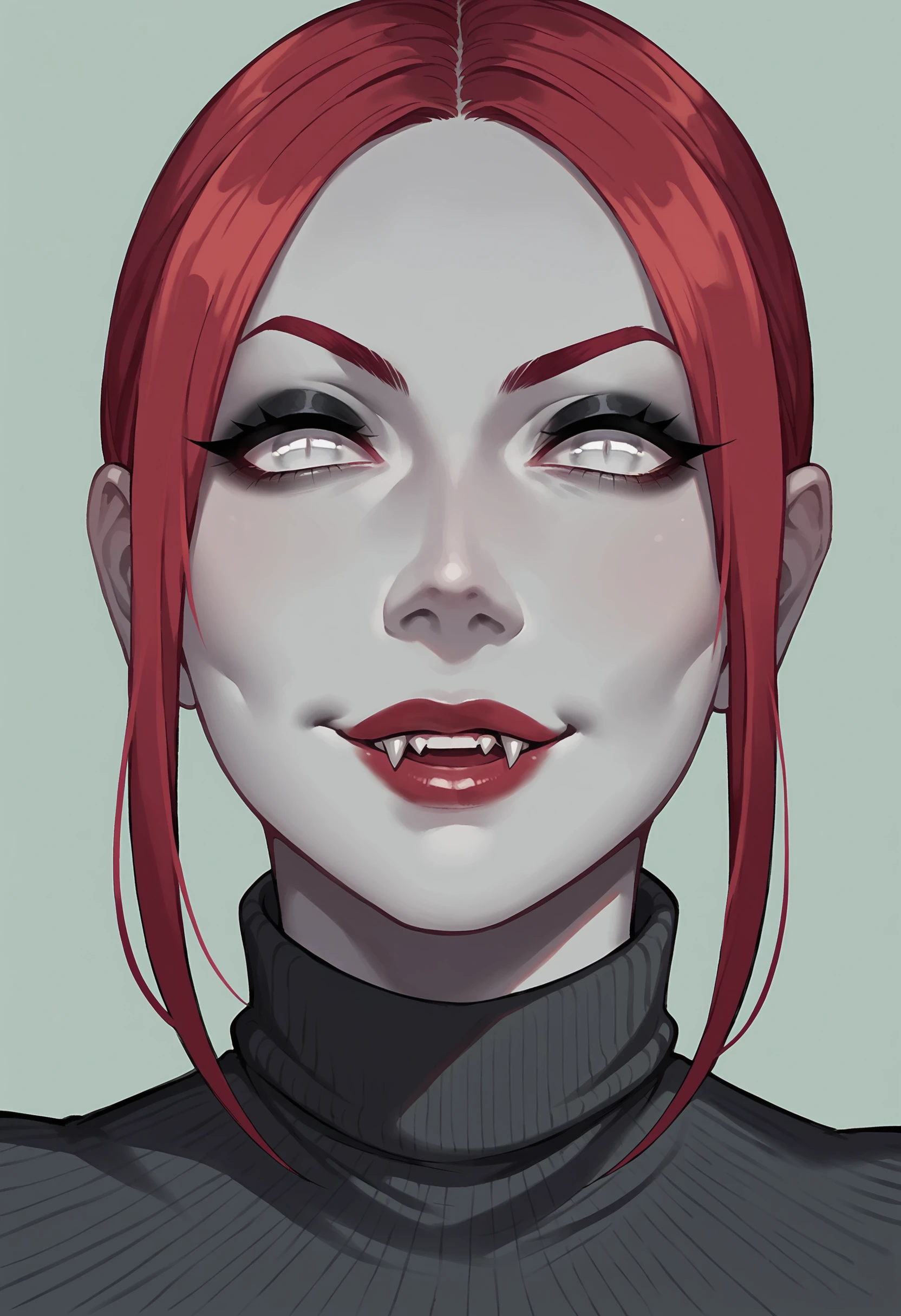 score_9, score_8_up, score_8, source_anime, 1girl, <lora:VelvetVelour:0.95> solo, colored skin, gray skin, red hair, portrait, face focus, close up, white eyes, fangs, lipstick, black eyeshadow, turtleneck, smile,
simple background, light blue background,
