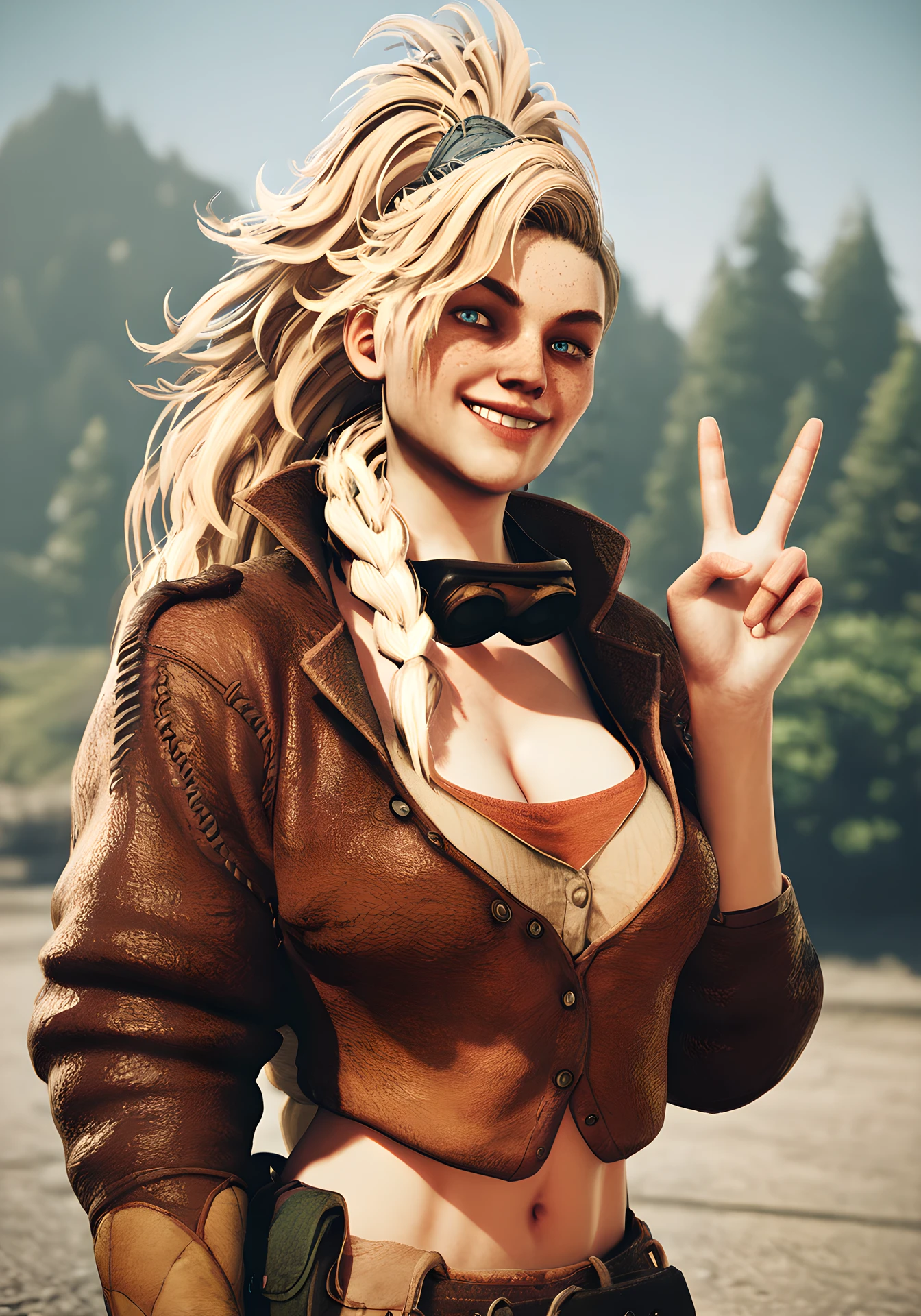 score_9, score_8_up, score_7_up, score_6_up, score_5_up, score_4_up, BREAK 
1girl, solo, mhwgemma, freckles,
 cowboy shot, 3d,
messy long hair, blonde hair, braid, looking at viewer, smile, v, peace_sign, 
brown jacket, ponytail, blue eyes, cleavage, goggles around neck, biege crop top, 
outdoors background,
 <lora:corneo_mhw_gemma:1>