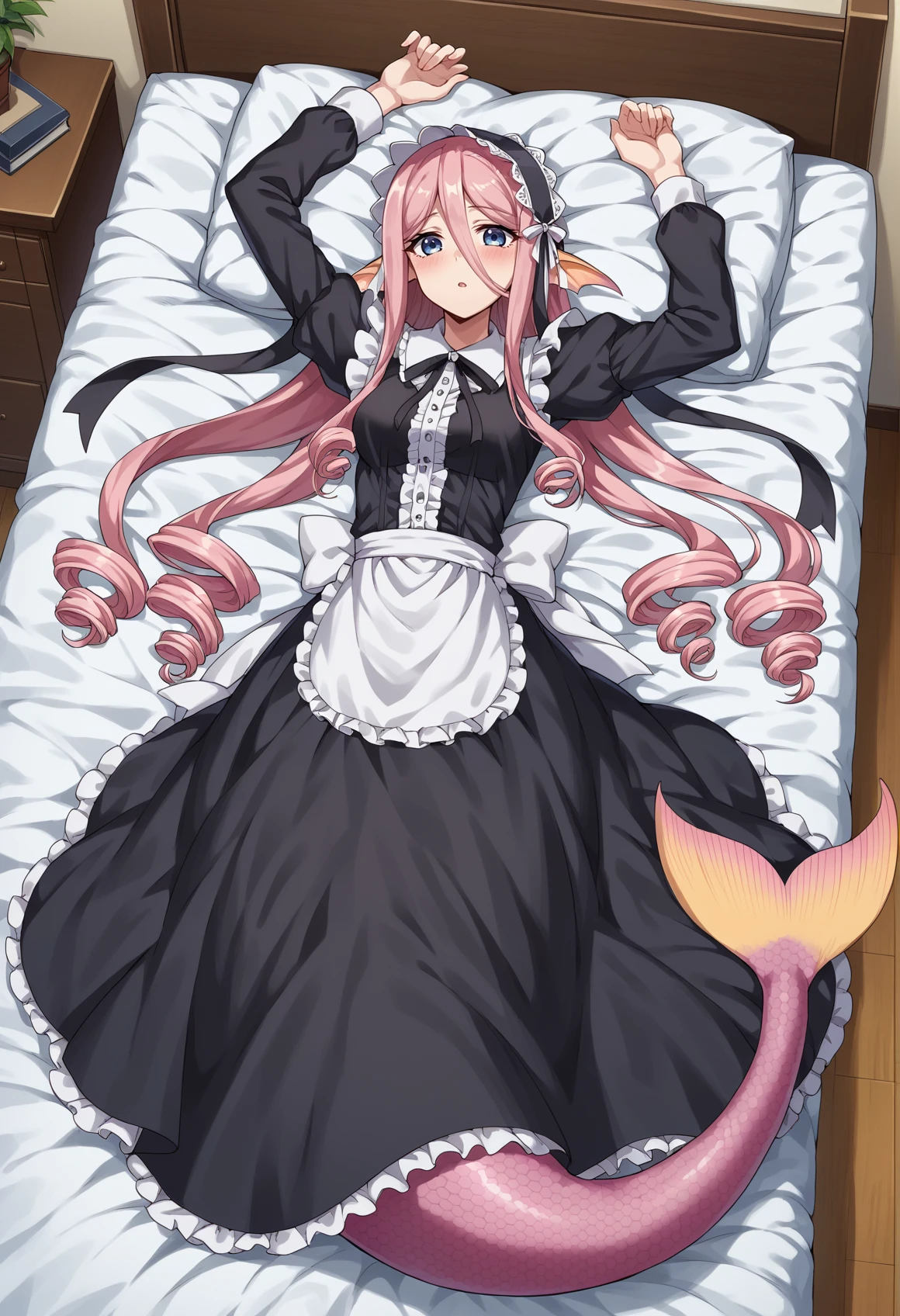 1girl, solo, monster girl, mermaid, long hair, pink hair, blue eyes, head fins, sidelocks, drill hair, maid headdress, black dress, dress, laying, on back, indoors, bed, arms up, blushing, chestnut mouth, looking at viewer, from above. full body <lora:Lorelai monster musume:1>, score_9, score_8_up, score_7_up, score_6_up, score_5_up, score_4_up, BREAK source_anime, masterpiece