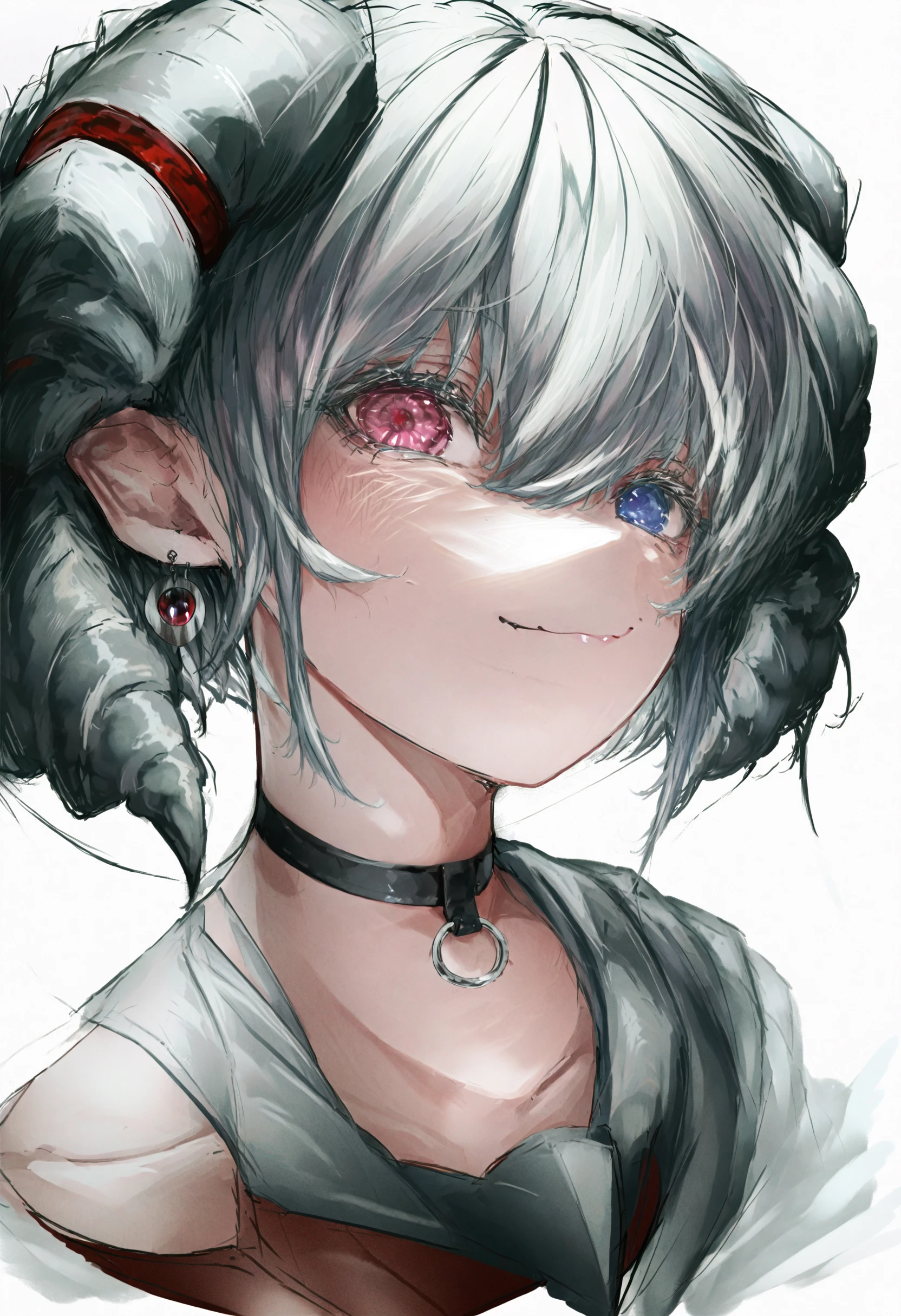 masterpiece, best quality,
1girl,
solo, earrings, choker, white background, jewelry, horns, black choker, looking at viewer, simple background, closed mouth, portrait, hair between eyes, smile, grey hair, grey eyes, drill hair, collarbone, blue eyes, single earring, eyes visible through hair, twin drills, red horns, heterochromia, tsurime, long hair, long eyelashes, film grain, white hair, eyelashes
<lora:gakuXLlokr4f2-000180:0.95>