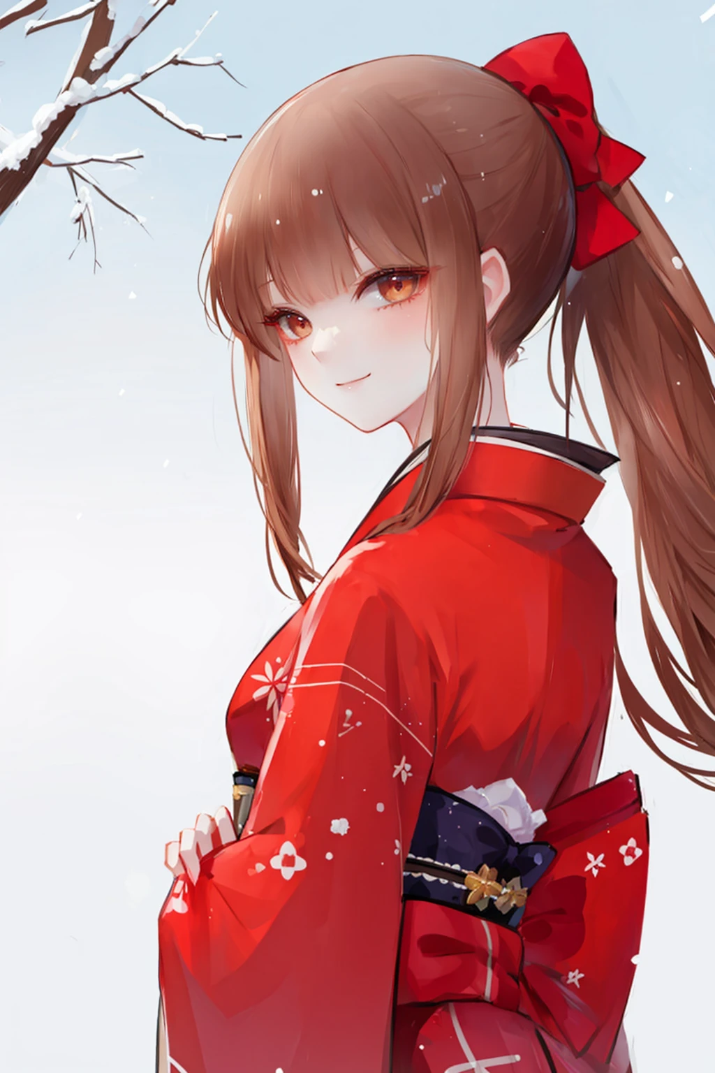 (best quality:1.4), 1girl, Sharon Rainsworth, long hair, solo, dress, smile, brown eyes, brown hair, ponytail, bow, looking at viewer, park, kimono, red kimono, snow <lora:Sharon_Rainsworth:1>