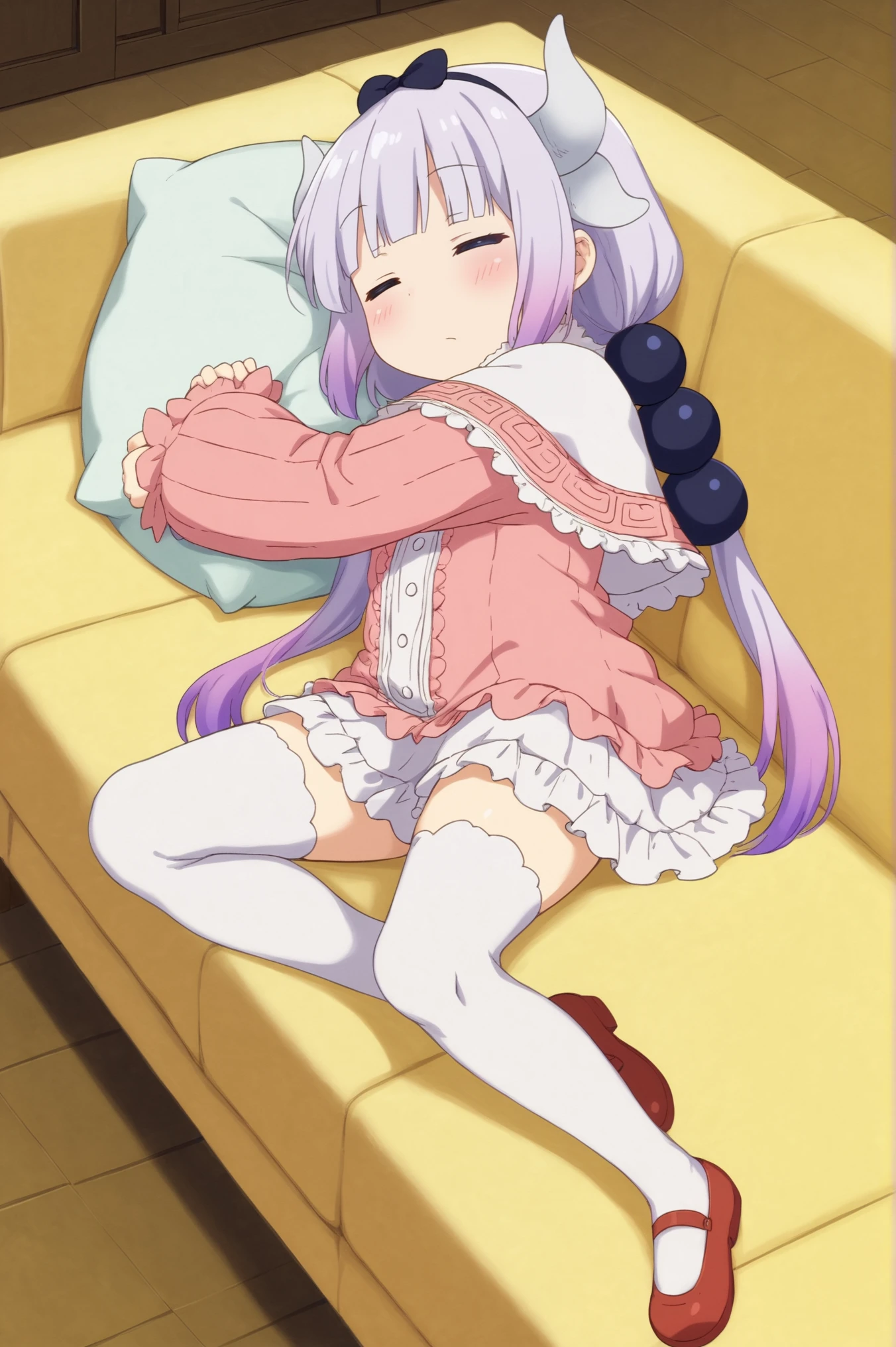<lora:Kanna_Kamui:0.7> Kanna Kamui, 1girl, solo, long_hair, blush, long_sleeves, hair_ornament, dress, thighhighs, bow, twintails, tail, full_body, closed_eyes, hairband, lying, horns, indoors, blunt_bangs, white_thighhighs, capelet, low_twintails, no_shoes, on_side, black_hairband, sleeping, couch, dragon_horns, beads, dragon_girl, on_couch, hair_beads <lora:sdxl_lightning_4step_lora:1>