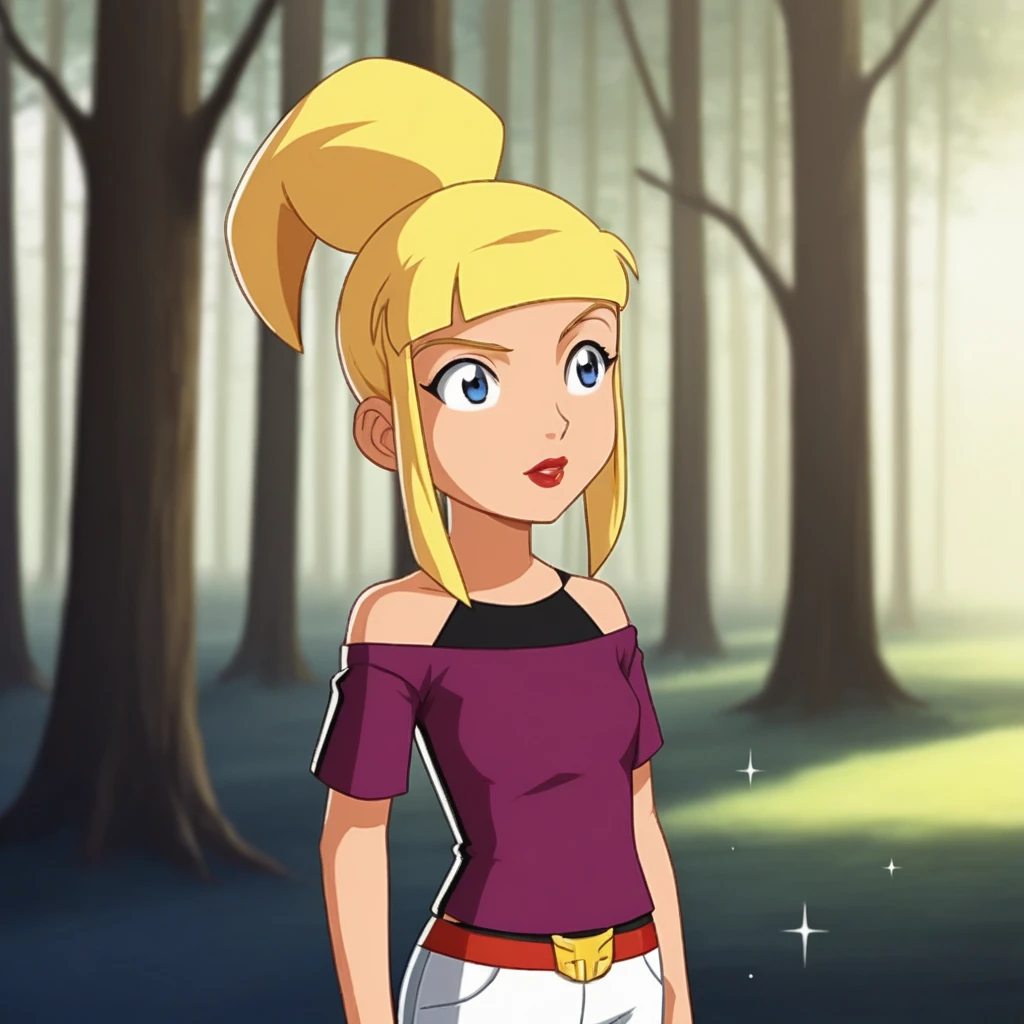score_7_up, BREAK, 1girl, solo, Tami, blonde hair, high ponytail, blue eyes, lipstick, shirt, off shoulders, white pants, <lora:Tami_SpieZ_PXL_Leaf1:1>, cowboy shot, blurry background, sparkle background, forest,