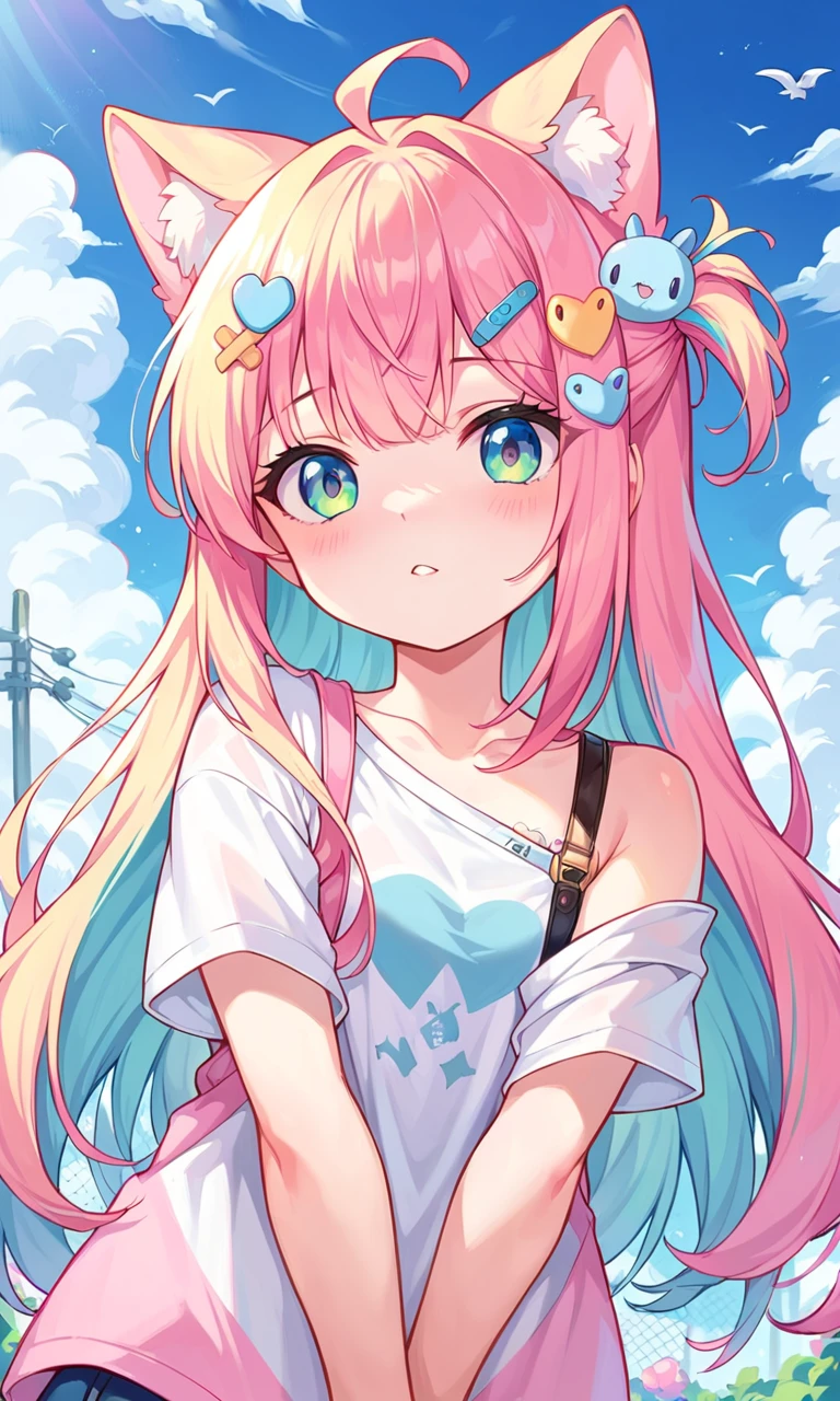 score_9, score_8_up, score_7_up, source_anime, highly detailed,  1girl, colored hair,  1girl, pastel,animal ears, bandaid, hair ornament, high quality, high details, masterpiece,