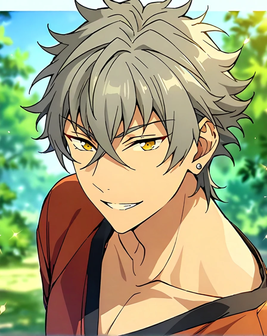 masterpiece, best quality, very aesthetic, absurdres, very detailed, depth of field, blurry background, ((1boy, solo, male only, male focus, upper body, adult)), (oogami_koga, gray hair, yellow eyes, short hair, hair between eyes, bangs, earring on left ear), happy, looking at viewer, facing viewer, collarbone, outdoors, <lora:Lightning-8:1>, <lora:oogami_koga_sdxl_lora:0.84>