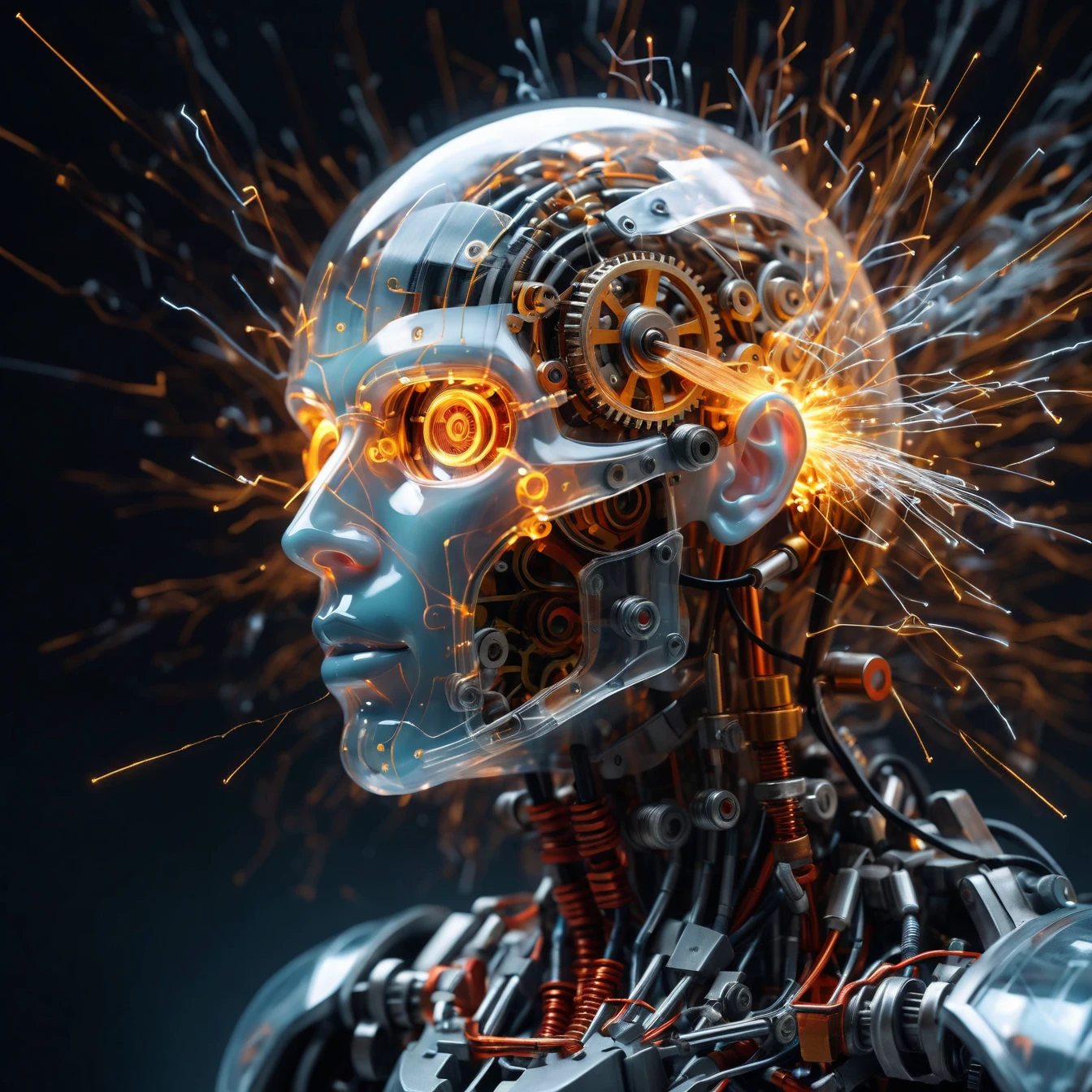 sparks, a mechanical translucent head, highly detailed <lora:sparks-xl:1>