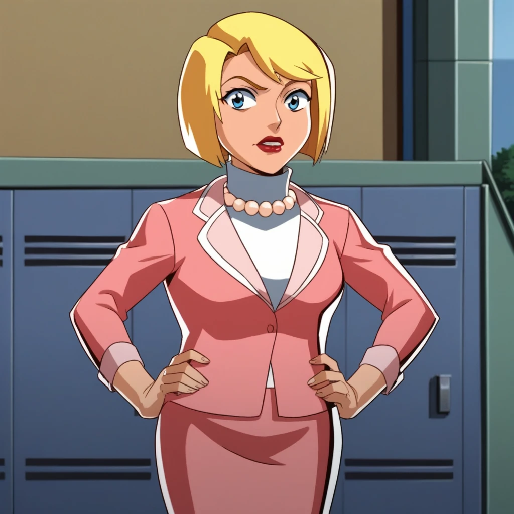 score_7_up, BREAK, PrincipalShields, 1girl, solo, blonde hair, short hair, blue eyes, lipstick, pearl necklace, white turtleneck, pink suit, formal, pencil skirt, <lora:PrincipalShields_SpieZ_PXL_Leaf1:0.8>, cowboy shot, hands on own hips, outdoors,