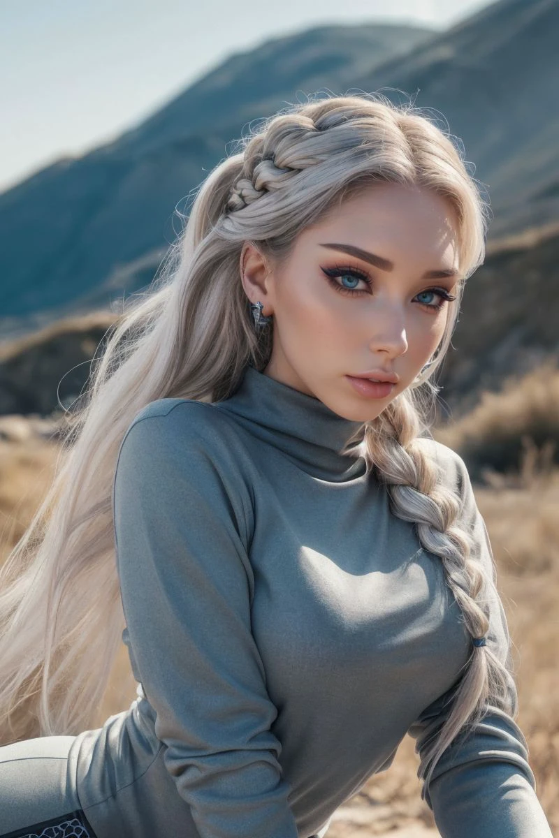 photo of S432_BekeJacoba,a stylish woman,in a (gravel-pit:1.1),wearing a (sweatshirt),(leggings),(braid),(4k, RAW photo, best quality, 50mm, depth of field, ultra high res:1.1),(intricate, photorealistic, cinematic-shot, masterpiece, ultra-detailed:1.1),