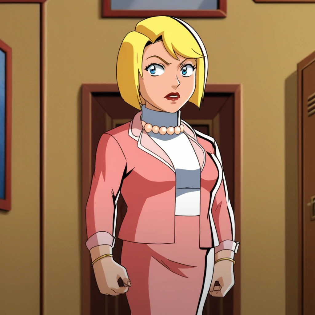 score_1_up, BREAK, PrincipalShields, 1girl, solo, blonde hair, short hair, blue eyes, lipstick, pearl necklace, white turtleneck, pink suit, formal, pencil skirt, <lora:PrincipalShields_SpieZ_PXL_Leaf1:1>, cowboy shot,