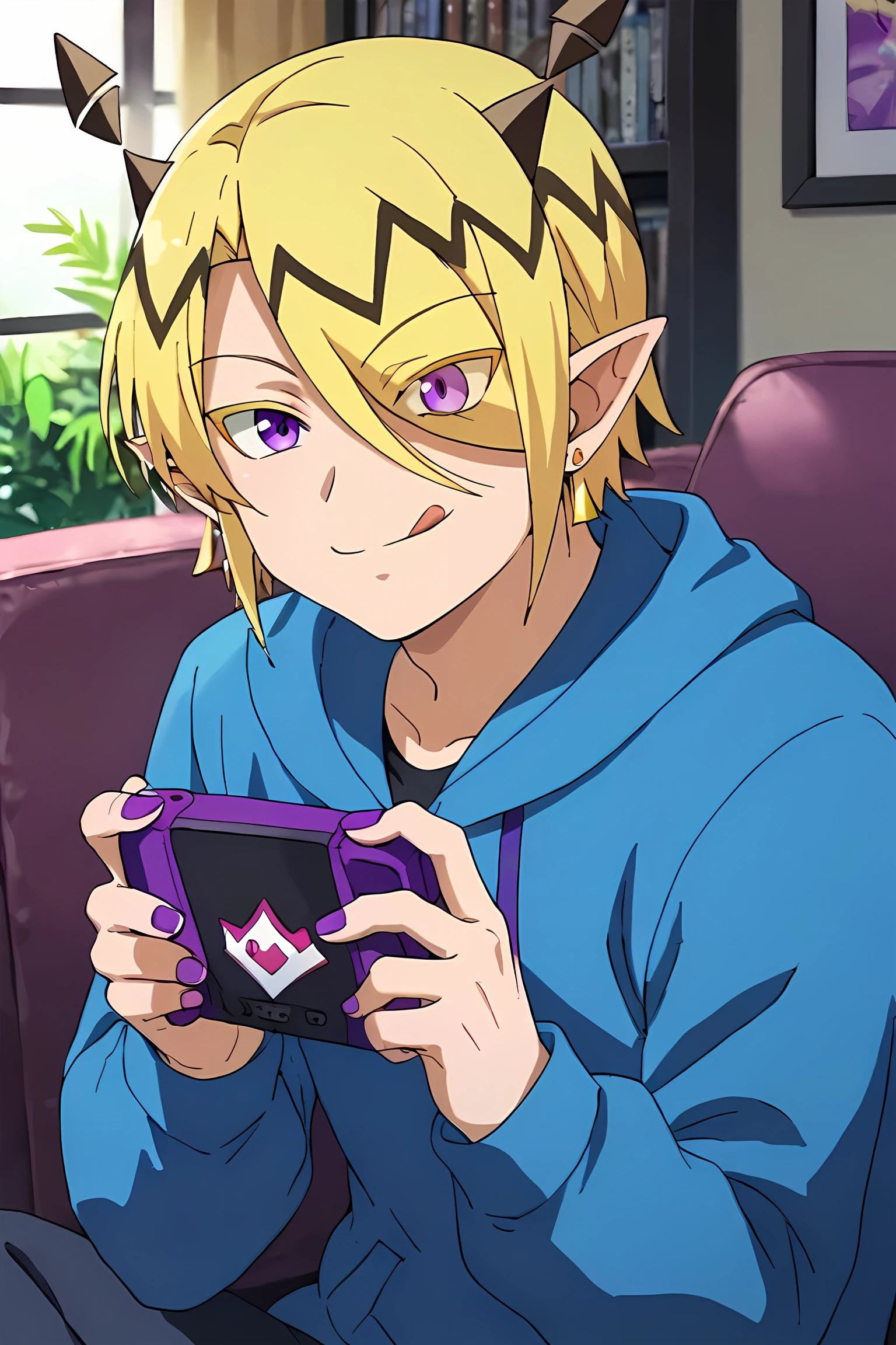 score_9,score_8_up,score_7_up,source_anime, solo, 1boy, Shax Lied,blonde hair, purple eyes,earring,purple nail,pointy ears, horns, smile, indoors, hair over one eye,upper body, sitting, demon tail, hoodie, play game, holding game_console,game_console, gaming, looking game console, tongue<lora:EMS-390076-EMS:0.800000>