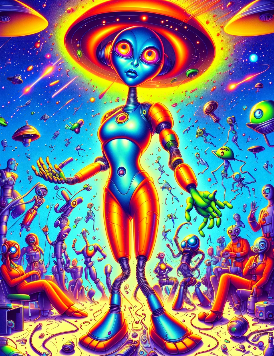 DonMC4745tr0ph1c female xenobiologist consultant, eighteen, sculpted, gypsies, ruby red eyes, unusual nose, narrow chin, sloping forehead, well-defined achilles tendons, soft and ethereal makeup , light auburn cornrows hair, disgust,
exuding an air of grace and respect while engaging with extraterrestrial beings.,
wearing mind-meld print terracotta robotic palazzo trousers, robotic off-shoulder blouse, electromagnetic high-tops, gravitational bucket hat, , asserting control over a fascinating and unfamiliar alien life form., <lora:DonMC4745tr0ph1c:1>