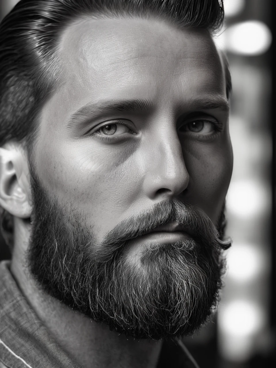 <lora:é²å䏿´¾@é»ç½æå½±SDXL:1>Black and white photographyï¼Gen X males, whites, Americans, direct looking. Stylish, with a well-maintained beard. Pride and contentment. At a local coffee shop. Use beard oil. ((Master work: 1.5), National Geographic Photo, Award Winning Photo, Realism, Excellent Work, Highest Quality, Rich Detail, Panorama, Clarity, High Contrast. (Film Grain: 1.4), Film Lighting, Face Close-up, Clear Pores, Black Background (Realistic: 1.2), Black and White Portrait. The best quality, masterpieces, super high resolution. ï¼