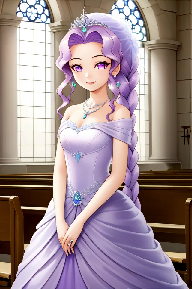 1 girl, indoors, church, standing, smile,
 <lora:Harvest_Moon_Hero_of_Leaf_Valley_-_Marina:0.5> holvmarina, purple hair, long hair, wavy hair, braided ponytail, purple eyes,
tiara, wedding dress, purple dress, bare shoulders, sleeveless dress, necklace, earring,