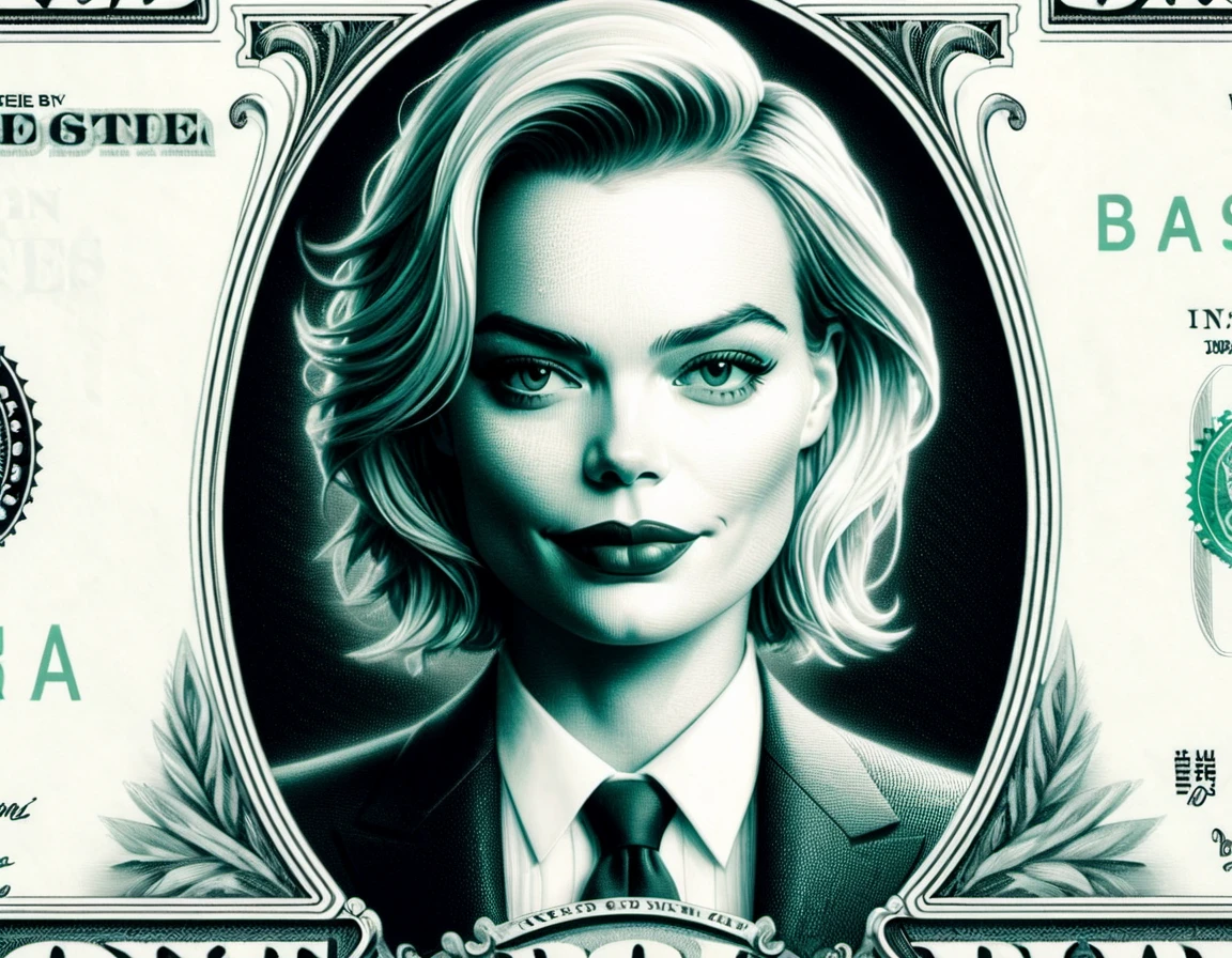 
DollaBill, digital painting of Margot Robbie, wearing a suit and tie, framed by an ornate border, on top of a $ 100 bill. watermark. pg13 _ rating