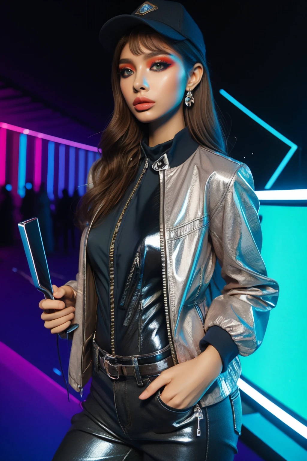 huazhuang,
1girl,motor vehicle,jacket,ground vehicle,solo,night,long hair,holding,brown hair,car,looking at viewer,outdoors,blue jacket,bodysuit,lips,black pants,pants,city,breasts,bangs,open jacket,neon lights,open clothes,black bodysuit,medium breasts,brown eyes,long sleeves,black shirt,standing,building,shiny,cowboy shot,shiny clothes,zipper,holding helmet,headwear removed,
masterpiece,best quality,,<lora:20240604-1717502216889-0014:0.6>