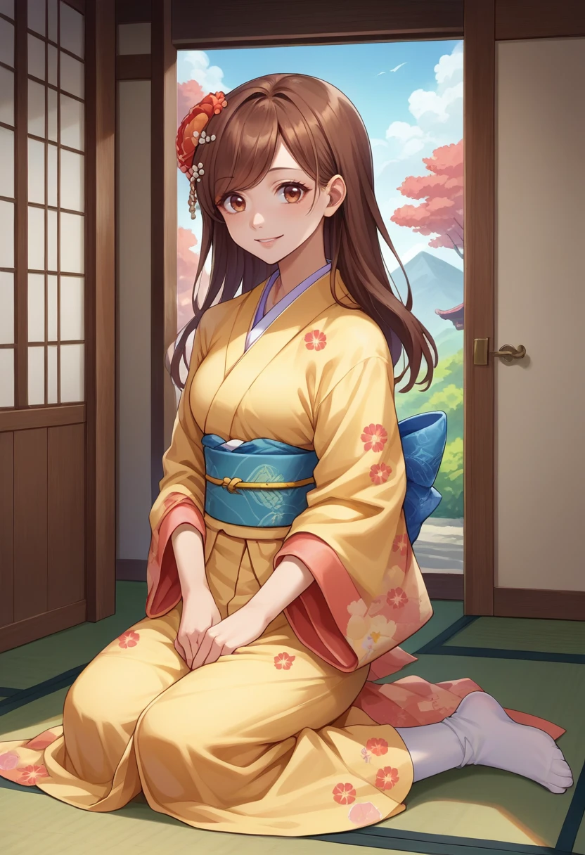 score_9, score_8_up, source_anime, 1girl, solo, MaryHunt, brown hair, hair flower, indoors, kimono, hair flower, floral print, wariza, kneeling, smile, <lora:ChamMaryHuntPonyXL:1>