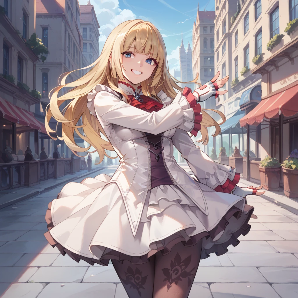 score_9, score_8_up, score_7_up, best quality, masterpiece, source_anime, zPDXL2, BREAK
1girl, solo, <lora:liliv1:1>lili, blonde hair, blue eyes, lilit7, pantyhose, fingerless gloves, white dress, long sleeves, city, , smile, happy
Dancing with arms out to the sides, cowboy shot