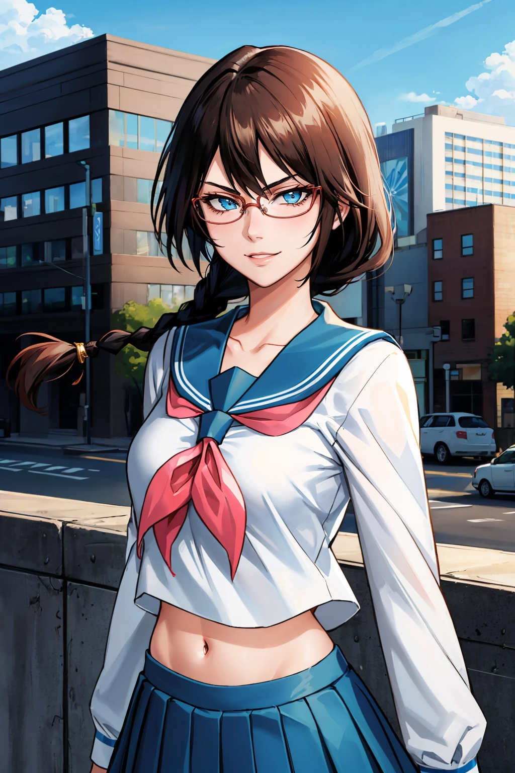 masterpiece, best quality, 1girl, <lora:yadoumarulisa-nvwls-v1-000010:0.9> yadoumarulisa, single braid, glasses, serafuku, long sleeves, blue skirt, pleated skirt, midriff, looking at viewer, blue sky, city, smirk, upper body