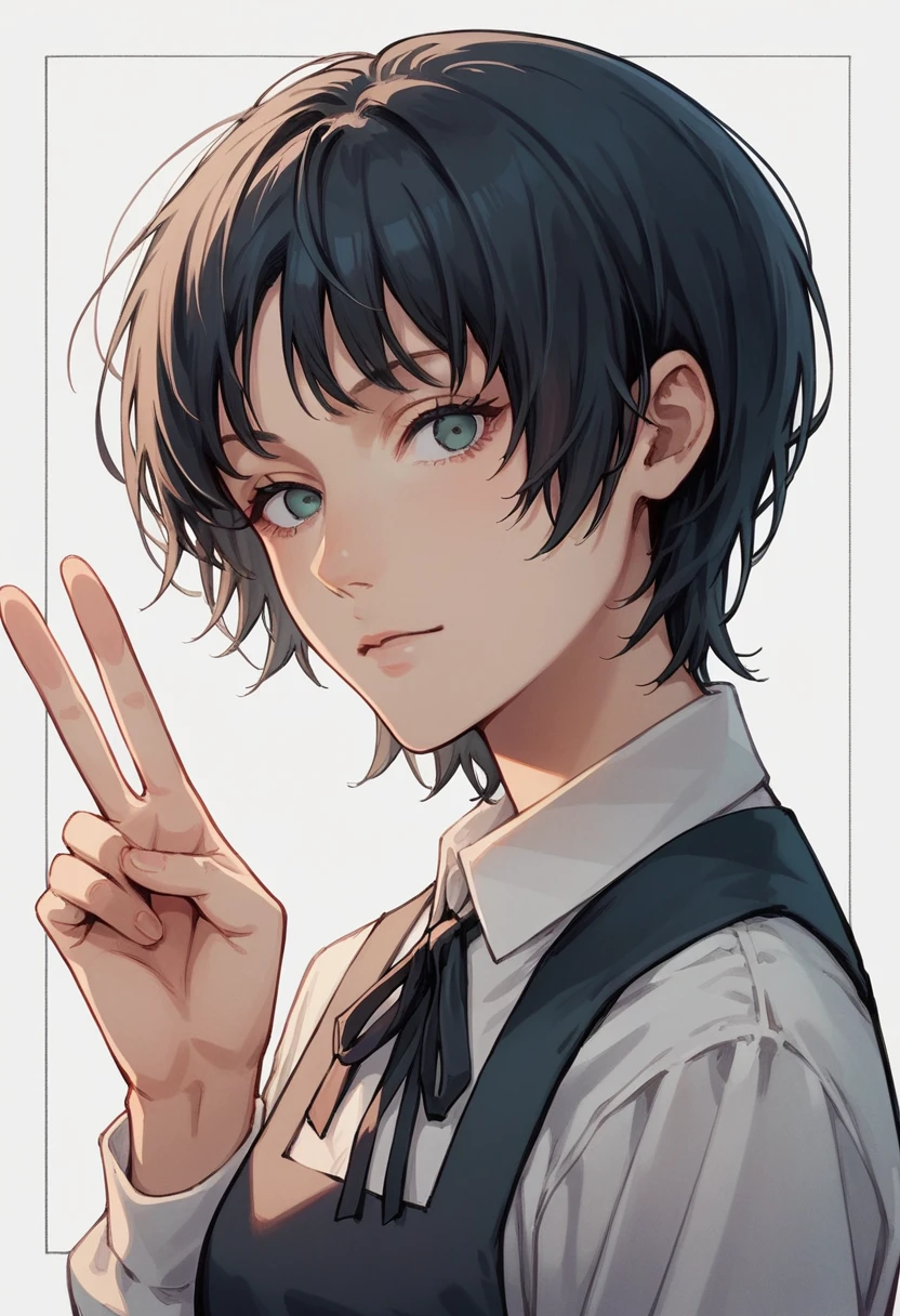 score_9, score_8_up, score_7_up,  sayonara_eri, short hair, black pinafore dres, black ribbon, <lora:Eri_Pony:0.7>, anime style, portrait, side view, close-up, looking at viewer, (head tilt:1.2), dutch angle, v sign