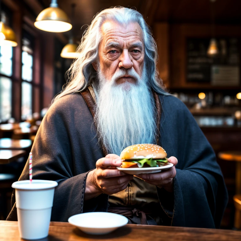 ((high details, high quality)), (natural appearance, skin imperfections), (professional photography, ultra realistic, HDR). Gandalf with a burger in his hands in a cafe, rutkovsky, light rim, dark theme