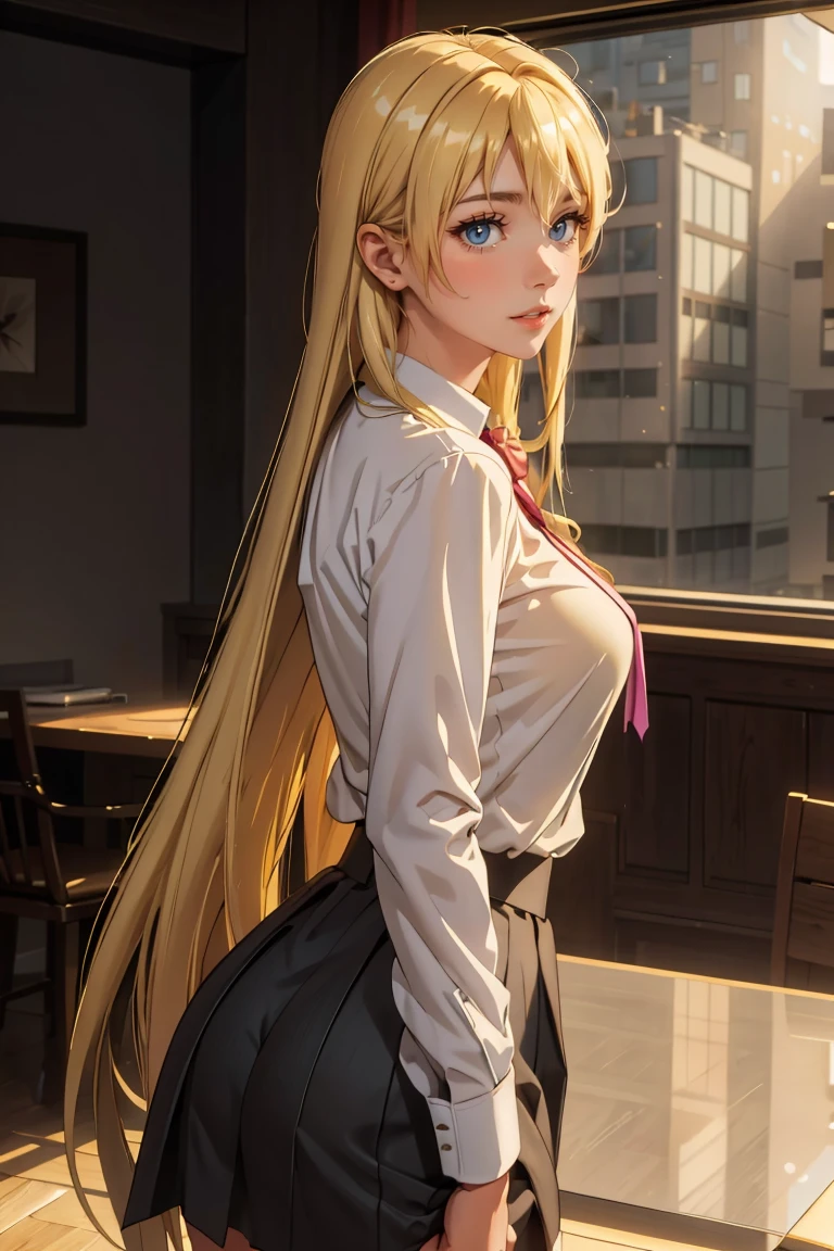 masterpiece, best quality, Ray tracing, hdr, volumetric lighting,
 <lora:ShizukaMarikawa_HighSchoolOfTheDead_FefaAIart:0.8>,shizuka marikawa, long hair, blonde hair, very long hair, yellow eyes, hair between eyes,
<lora:Perfect_Ass_FefaAIart:0.6>, huge ass, from back,
skirt, shirt, long sleeves, ribbon, white shirt,
<lora:PovKiss_Peck_FefaAIart:0.8>, pov, kiss, peck lips, round lips, incoming kiss,  
 outstretched arms,