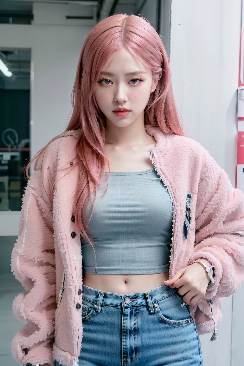 masterpiece,best quality,1girl,solo,realistic,photorealistic,ultra detailed,looking to the viewer,upper body,pink hair,bangs,(closeup),indoor,dance studio,white croptop,denim pants,pink jacket,<lora:Rosé-02:0.9>,Rosé,<lora:GoodHands-vanilla:1>,