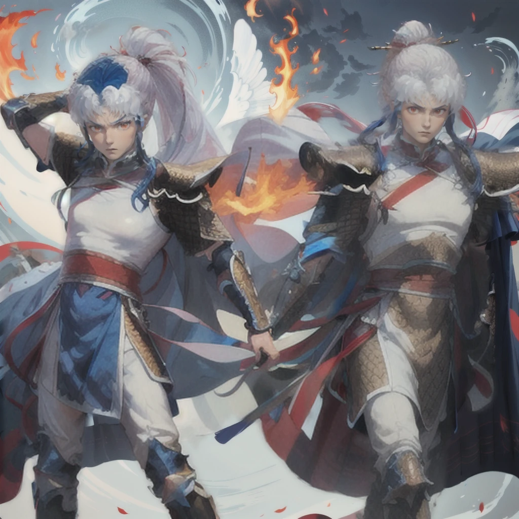 maleherb, 1boy, dragonboy, solo, long hair, looking at viewer, red eyes, dress, blue hair, ponytail, white hair, sidelocks, multicolored hair, cape, armor, two-tone hair, fire, shoulder armor, pauldrons, serious, <lora:maleherb-04:0.8>
