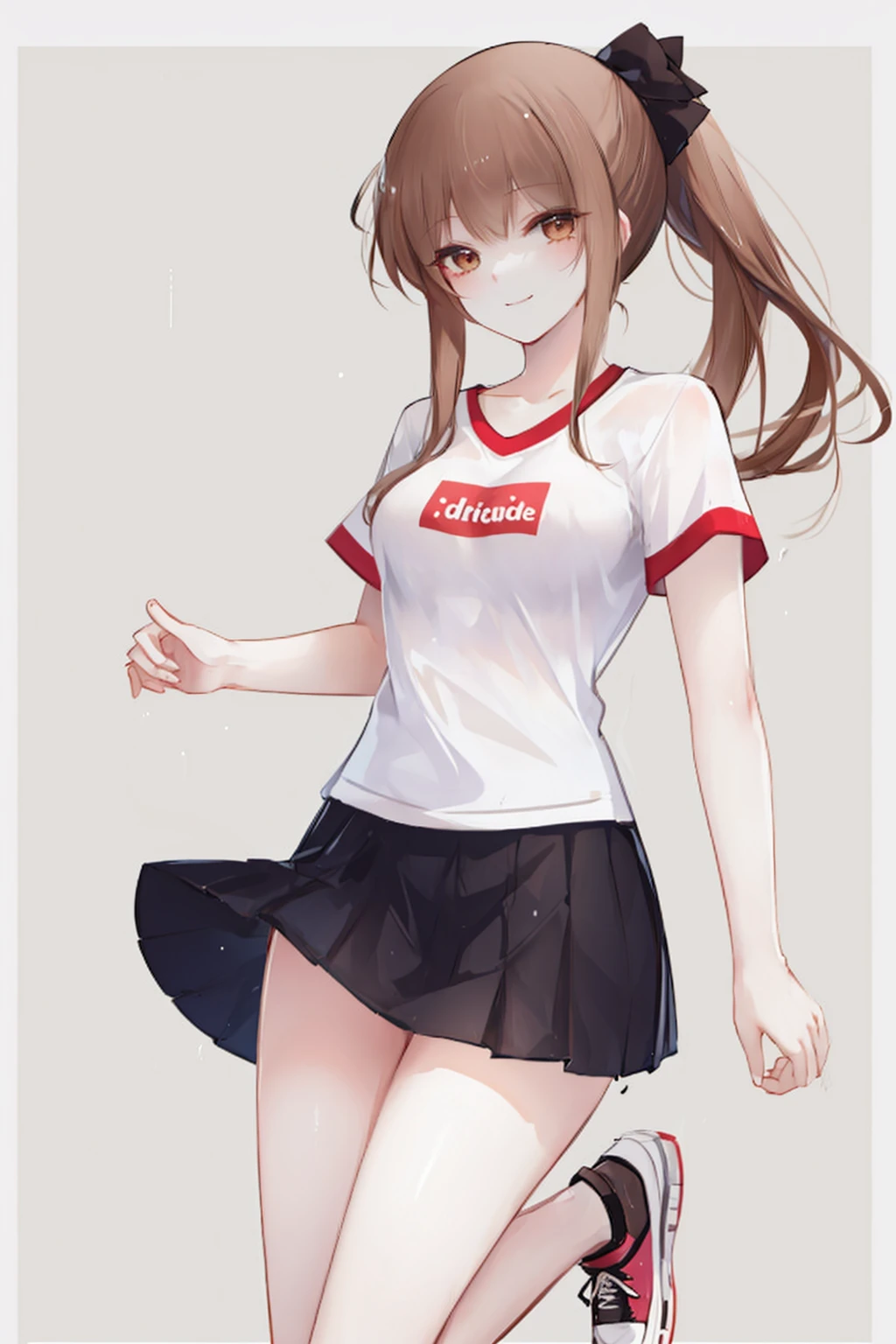 (best quality:1.4), 1girl, Sharon Rainsworth, long hair, solo, dress, smile, brown eyes, brown hair, ponytail, bow, looking at viewer, park, t-shirt, athletic shoes, athletic track <lora:Sharon_Rainsworth:1>