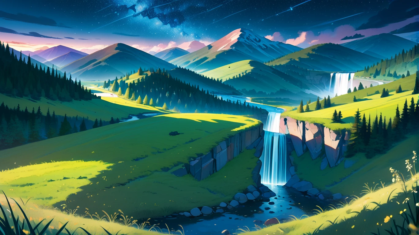 score_9, score_8_up, score_7_up, PDXL,  <lora:Animeliner_00010:1>, landscape, grassy fields, forests, mountains, rivers, lakes, waterfalls, sea, night, night sky