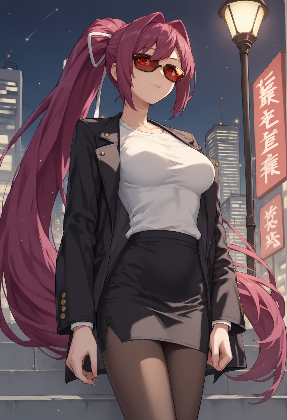 1girl, very long hair, pink hair, red eyes, ponytail, black jacket, white shirt, pencil skirt, pantyhose, sunglassess, looking over sunglasses, city, outdoors, night, lights <lora:Yuzuriha_UNB_xl:1>, score_9, score_8_up, score_7_up, score_6_up, score_5_up, score_4_up, BREAK source_anime, masterpiece