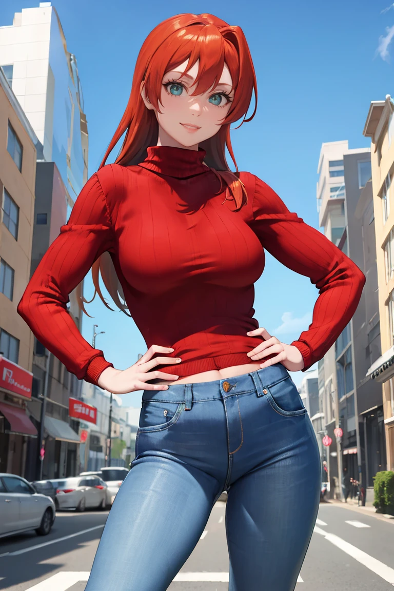 masterpiece, best quality, absurdres, 1girl, solo, RiimuStream, orange hair, aqua eyes, long hair, outdoors, sweater, ribbed sweater, jeans, hands on hips, smile, <lora:RiimuStream:1>