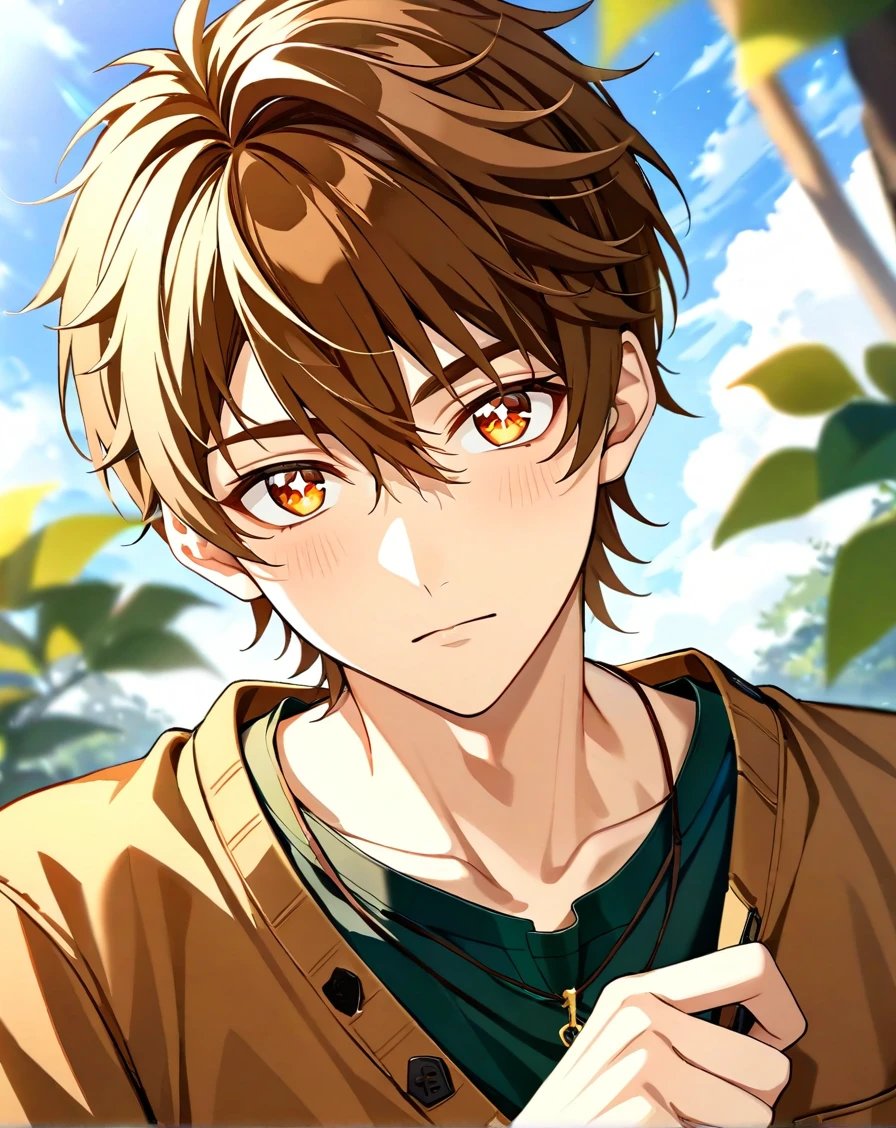 masterpiece, best quality, very aesthetic, absurdres, very detailed, depth of field, ((1boy, solo, male only, male focus, upper body)), (luke_pearce, 1boy, brown hair, amber eyes, short hair, hair between eyes, bangs), symbol-shaped pupils, star-shaped pupils, looking at viewer, facing viewer, green shirt, brown jacket, key pendant, collarbone, outdoors, <lora:luke_sdxl_lora:0.74>, <lora:Lightning-8:1>