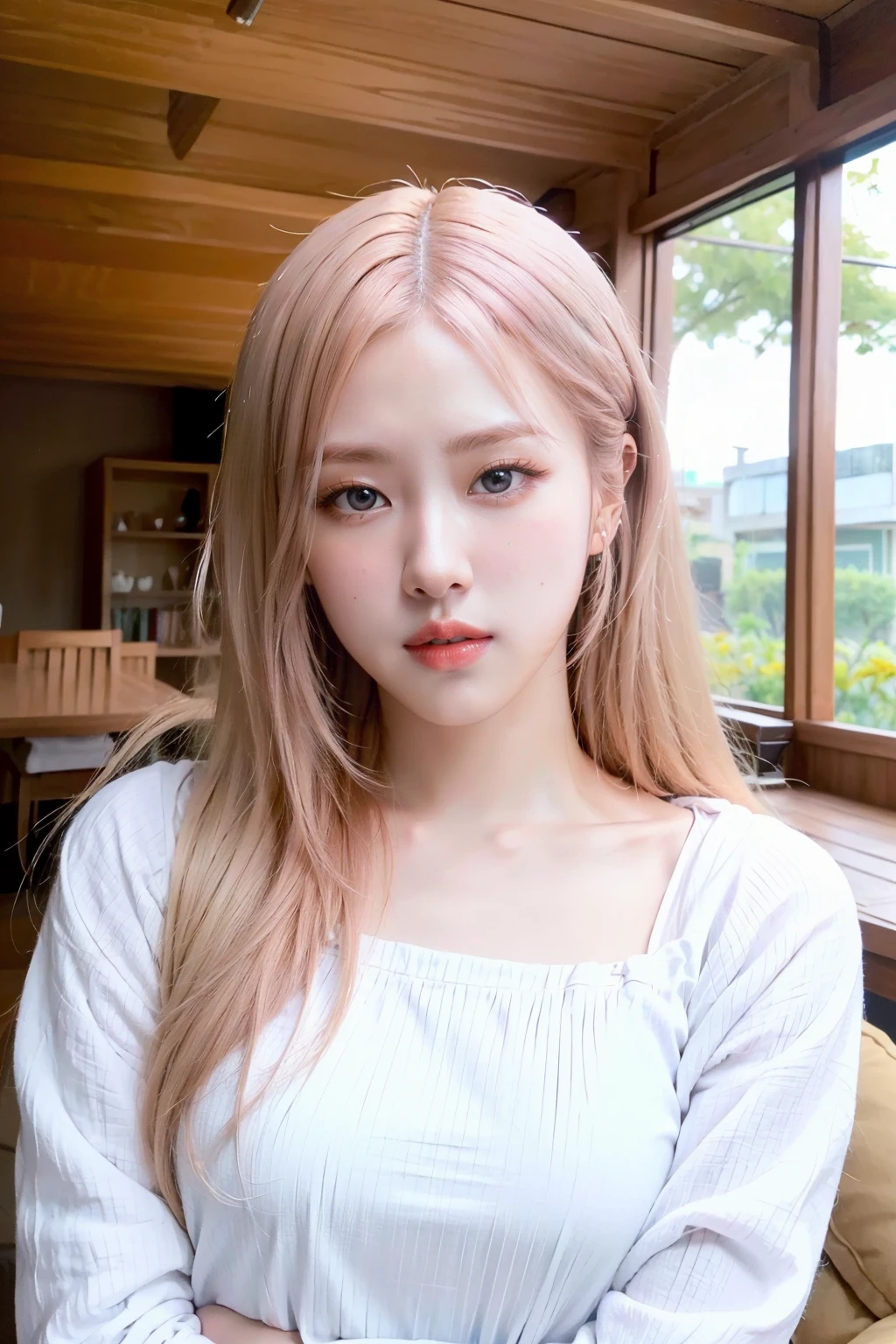 masterpiece,best quality,realisic skin details,portrait,upper body,cute girl,looking to the viewer,asian,pale skin,beautiful,living room,looking at viewer,wooden house,white outfit,<lora:Rosé-02:0.9>,Rosé,<lora:GoodHands-vanilla:1>,