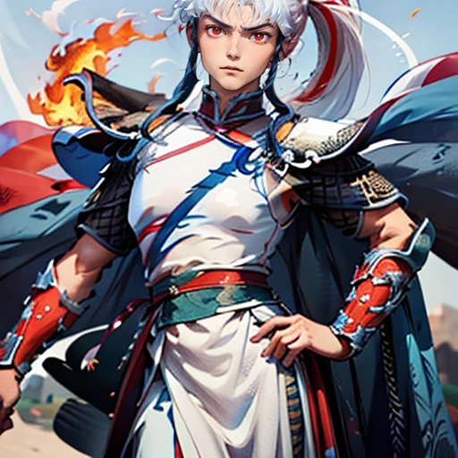 maleherb, 1boy, dragonboy, solo, long hair, looking at viewer, red eyes, dress, blue hair, ponytail, white hair, sidelocks, multicolored hair, cape, armor, two-tone hair, fire, shoulder armor, pauldrons, serious, <lora:maleherb-04:0.8>