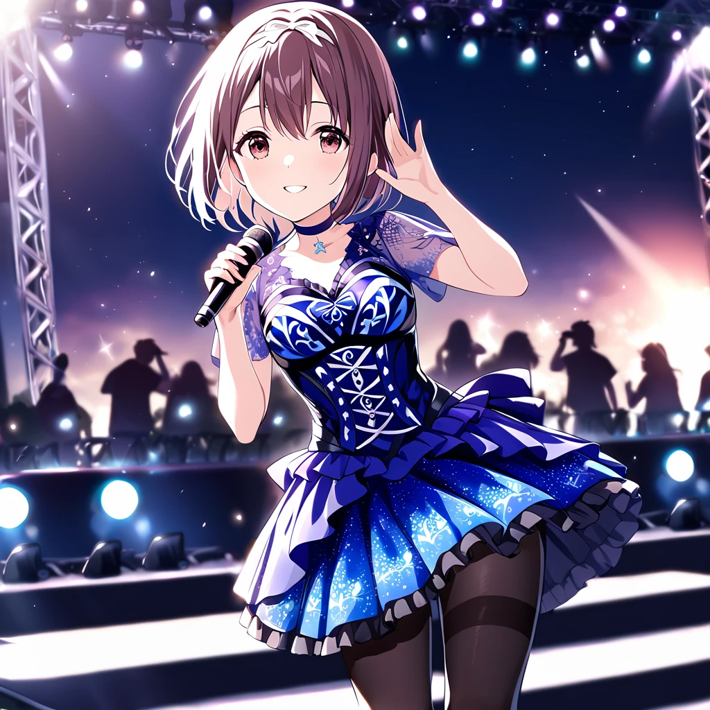 masterpiece,ibukinagisa,1girl,solo,ibukidoly pantyhose,ibukidoly knee boots,ibukidoly dress,ibukcasual hairband,smile,ibukidoly choker,standing,<lora:ibukinagisa:0.8>,outdoor,holding_microphone,stage,