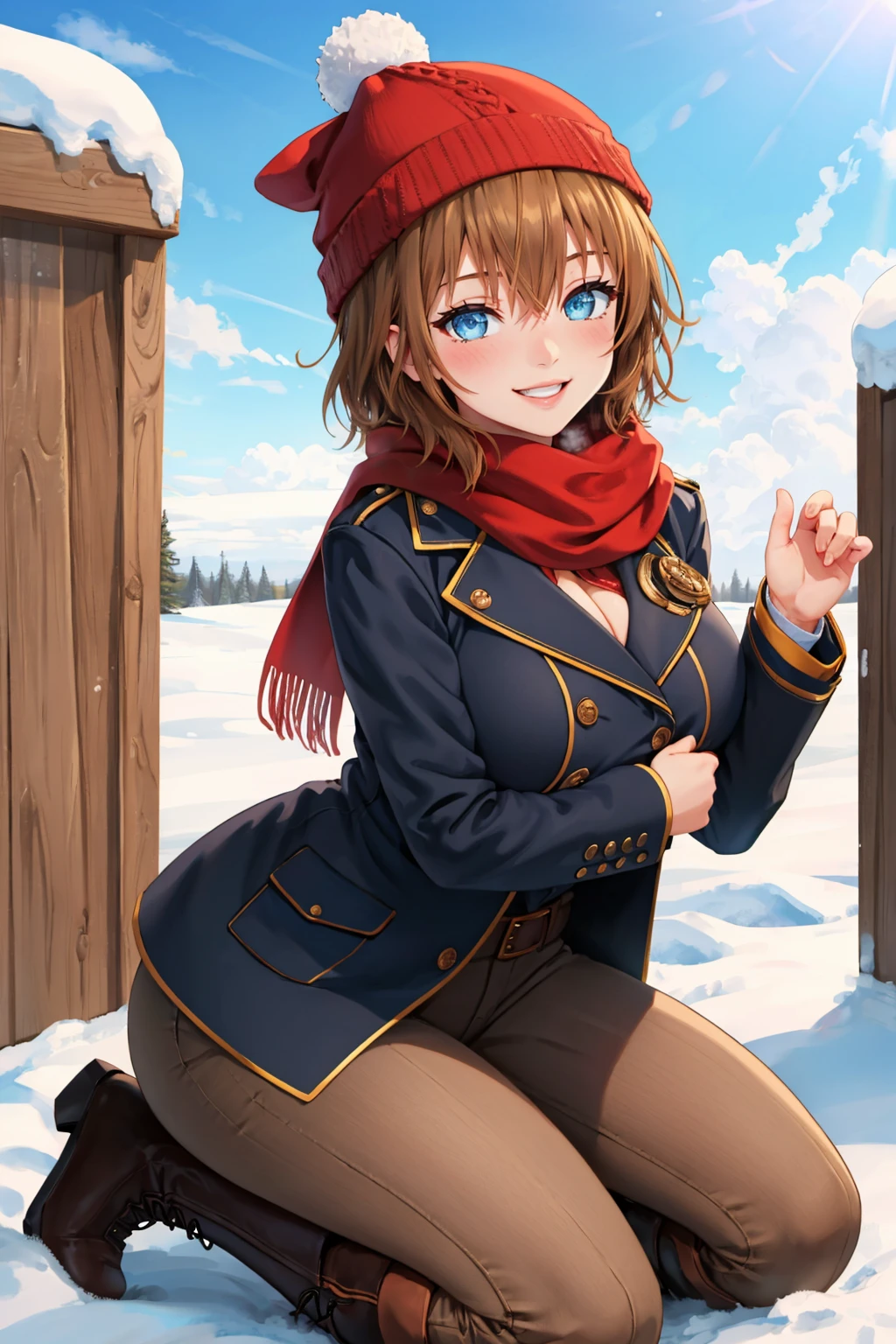 masterpiece, best quality, 1girl, <lora:kiryuumizuha-nvwls-v1-000008:0.9> kiryuu mizuha, large breasts, black peacoat, buttons, red scarf, cross-laced boots, brown pants, winter, snow, beanie, smile