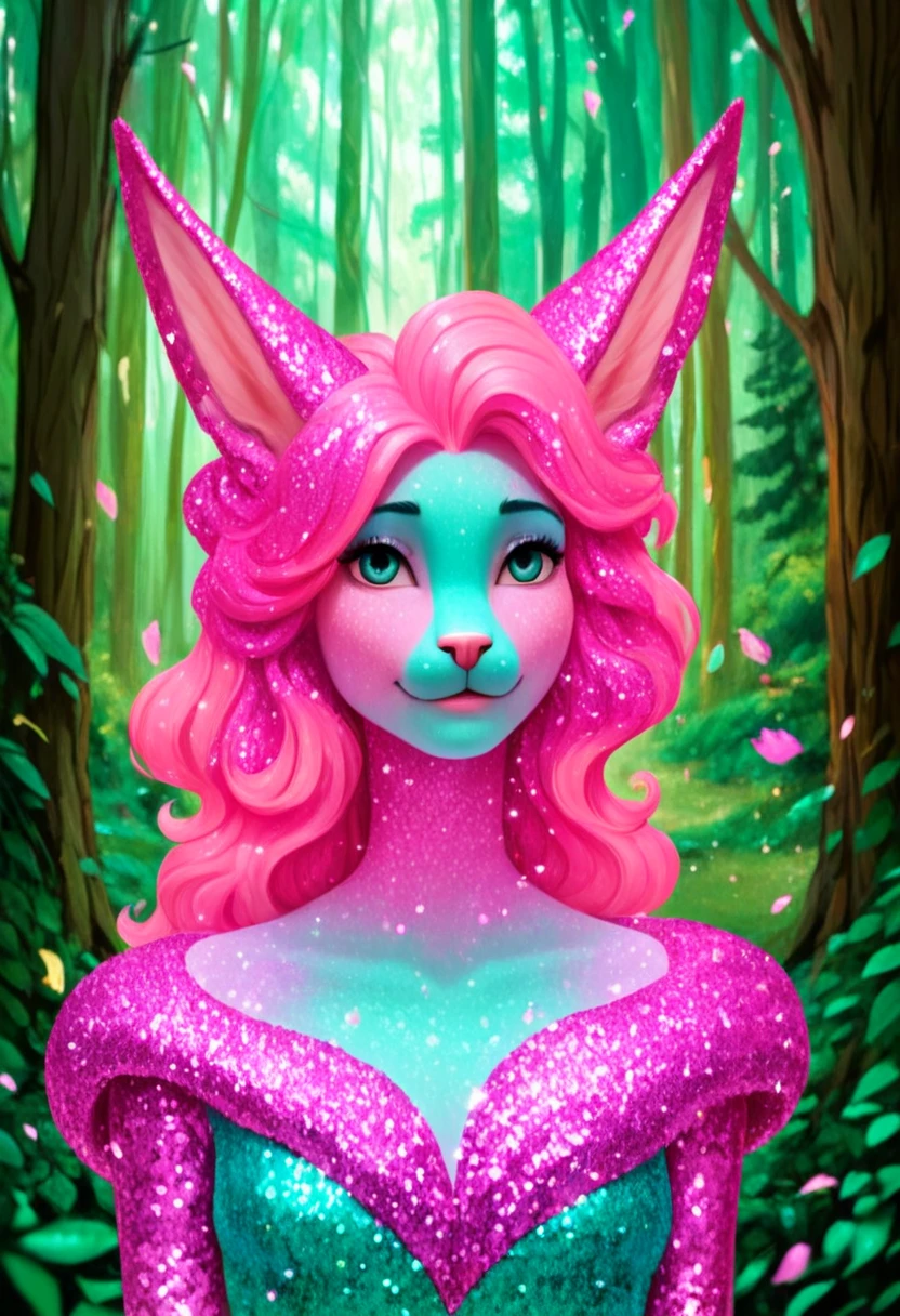 score9, score8up, score7up, score6up, score5up, score4up, beautiful anthro Leshy (Slavic Forest Spirit) portrait, sourcefurry, Glitter-coated, turquoise and peach, Radiant Garden