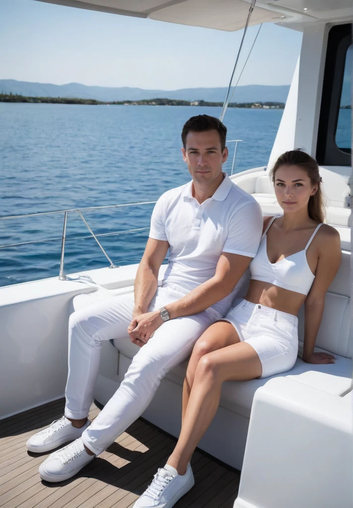 man 35 years old and young woman, sitting on the yacht, see at camera, white pants, white sneakers  <lora:Couple on yacht v.5:0.8>, <lora:Perfect Hands:1>